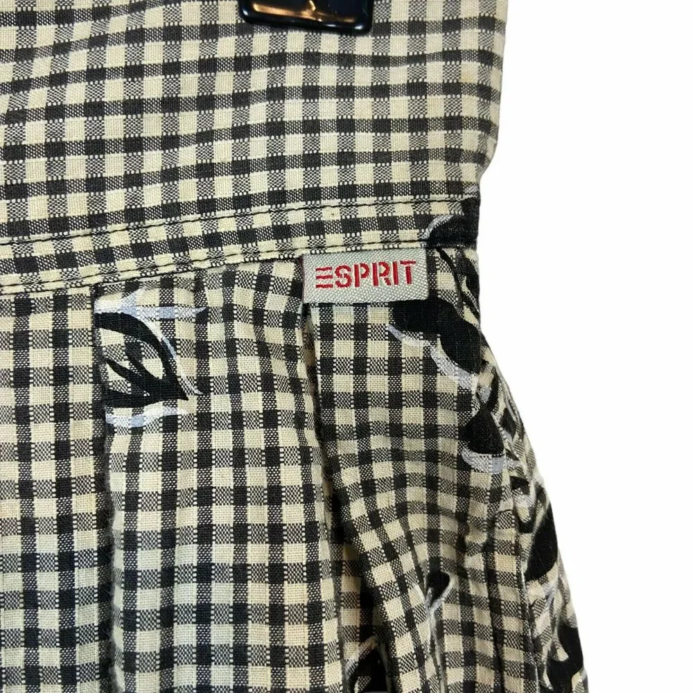 Esprit Flare Skirt Vintage Women Black Cream Gingham Rose Button Front Size XS S